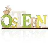 com-four® Deko Aufsteller für Ostern - Schriftzug mit Osterhasen - Osterdeko zum Hinstellen - Osterdekoration aus Holz (01 Stück - grün/weiß)