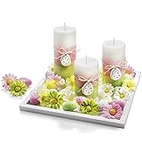 Weltbild Kerzen Set mit Deko Ostern – 3 Kerzen im Farbverlauf, verziert Holz-Anhänger, Quadratischen Holzteller, 12 Ostereier, 25 Blüten mit Textilblättern und Kunststoff-Grün