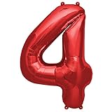 FUNXGO Folienballon Zahl in Rot- Riesenzahl ca.100cm Ballon - Folienballons für Luft oder Helium als Geburtstag, Hochzeit , Jubiläum oder Abschluss Geschenk, Party Dekoration (Rot [ 4 ])