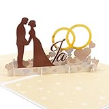 LIMAH® Pop-Up Karte zur Hochzeit/ für Brautpaar zum Hochzeitstag oder zur Trauung/ 3D Glückwunschkarte für Geldgeschenk, Hochzeitsreise, Flitterwochen/ Motiv Braut und Bräutigam, JA und Goldene Ringe