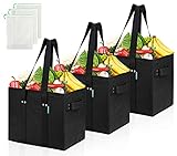 COTTARA premium Einkaufstasche faltbar 3er Pack – stabiler wiederverwendbarer Einkaufskorb mit faltbarem verstärktem Boden inkl. 3x Obst- & Gemüsenetze – 38 x 23 x 31 cm Schwarz