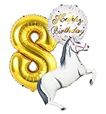 Pferde Cowboy Cowgirl Geburtstag Deko, Reiten Pferd Party mit Riesenzahl Gold 8 Jahre Geburtstag Weiß Pferd Dekoration Pferde Ballon Mädchen und Junge Geburtstag 8 Weiß Pferd Folienballon (Zahl 8)