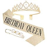 Veraing Geburtstags Krone Schärpe, Gold Geburtstag Kristall Tiara Krone Schärpe mit Birthday Queen + Perle Brosche Prinzessin Kronen Haar-Zusätze für Frauen Party Accessoires（3 teiliges Set）