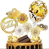 iZoeL Tortendeko Gold Happy Birthday Topper Golden Konfetti Luftballon Feuerwerk Papierfächer Kuchendeko Geburtstagstorte
