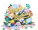 MOKIO® Pop-Up Geburtstagskarte – Happy Birthday Blumen – 3D Glückwunschkarte zum Geburtstag, handgefertigte Gutschein Klappkarte mit Umschlag