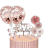 17 Stück Tortendeko Geburstagstorte, Happy Birthday Kuchendeko, Glitter Cake Topper, Rose Gold, Cupcake Topper mit Sternen Liebe Konfetti-Luftballons und Papierfächer