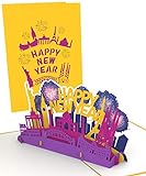 LuckeeCards® 3D Pop Up Karte - Frohes Neues Jahr mit Feuerwerk und Skyline - HAPPY NEW YEAR - viel Glück für Neujahr 2023 - Alles Gute - Grußkarte - Neujahrskarte, Silvester Party