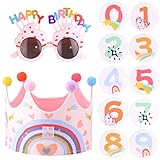 jsysj Geburtstagskrone Kinder, Stoff Kinderkrone mit Auswechselbaren Zahlen von 0-9, Jungs oder Mädchen Geburtstagskrone mit 1 Paare von Partybrillen für Geburtstagsparty Ankleiden