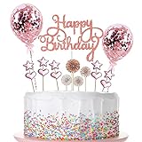 Creaher Tortendeko Rosegold 17 Stück, Happy Birthday Cake Topper Kuchendeko Sterne Herz Cupcake Tortenstecker für Geburtstag Dekoration Mädchen Junge