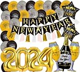 Silvester Deko Set XXL mit Riesen Zahl 2024 Folienballon Neujahr Party Silvester Dekoration Neujahr 2024 Ballons, Happy New Year Girlande Banner Schwarz Gold Silvesterparty 2024 (Neujahr 2024)