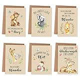 6 Glückwunschkarten zur Geburt - Baby Klappkarten mit Umschlag - süße Grußkarten mit Waldtieren - Set 1