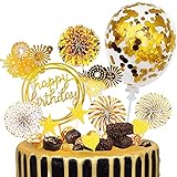 ECtury Tortendeko Geburtstag, Gold Happy Birthday Tortendeko, Kuchen Deko mit Sternen Herzform, Cake Topper Geburtstag für Mädchen Junge Kindergeburtstag Geburtstagskerzen