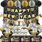 Bdecoll Neujahr 2023 Dekorationen Ballon Kits,Happy New Year Veranda-Schild,2023 Silvester Deko, Schwarz Gold Neujahr Dekoration
