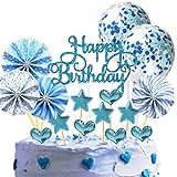 22 Stück Tortendeko Geburtstag, Happy Birthday Kuchendeko, Glitter Cake Topper Happy Birthday, Tortendeko Blau, Cupcake Topper mit Sternen Liebe Konfetti-Luftballons und Papierfächer