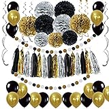 LyximGss Schwarz Gold Party Deko Set - DIY Pompoms Blumen, Quaste Girlande, Luftballons, Polka Dot Papier Girlande, Spiral Girlanden, für Abschlussfeier und Ruhestandsfeierdekor