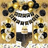 Geburtstagsdeko Mann Frauen, Schwarz Gold Party Deko, Schwarz Gold Luftballons Geburtstag Dekoration, Happy Birthday Girlande, Konfetti Luftballon Birthday Decorations für 1 13 18 21 30 40 50
