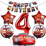 Cars Geburtstagsdeko 4 Jahre,mit Riesenzahl Rot 4 Folienballon Luftballon,5 Auto Folienballons,Happy Birthday Banner,Geburtstagsdeko Cars Jungen