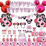 Minnie Maus Motto Geburtstag Party Supplies,Rosa Minnie Mouse Geburtstagsdeko Set - Minnie Mouse Banner Tischdecken Geschirr Tortendeko Ballons ect für Mädchen 1. 2 jahre Geburtstag Party Dekorationen